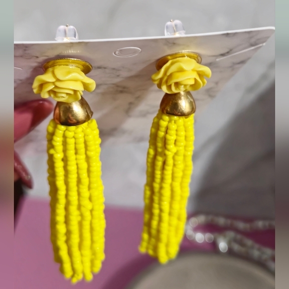 Yellow Rose Beaded Tassel Drop Earrings - Picture 9 of 14